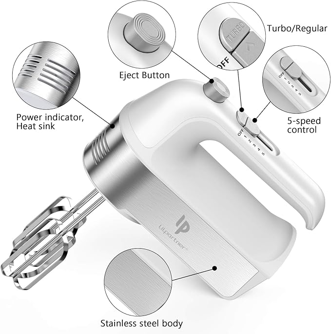 Hand Mixer Electric, 450W Kitchen Mixers with Scale Cup Storage Case, Turbo Boost/Self-Control Speed + 5 Speed + Eject Button + 5 Stainless Steel Accessories, For Easy Whipping Dough, Cream, White