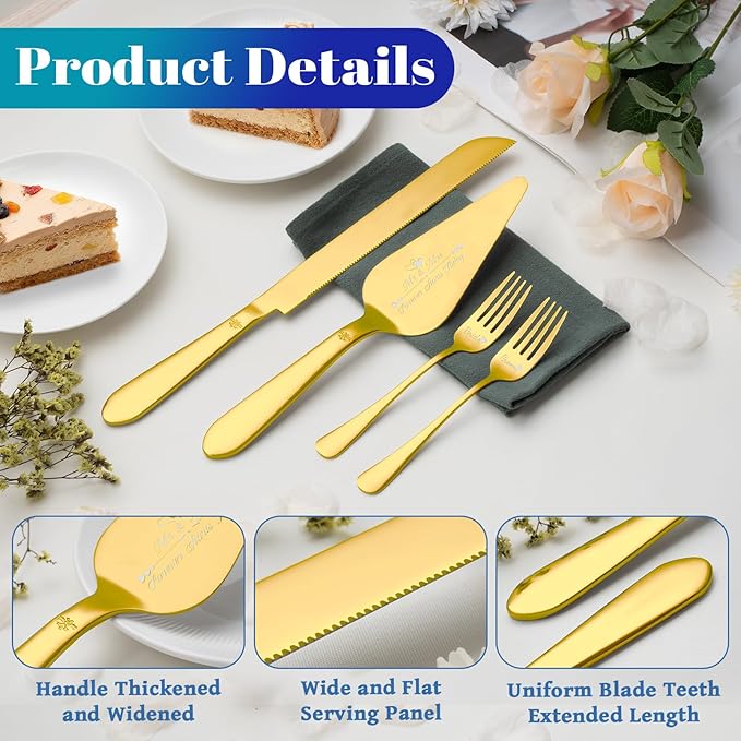 Eisinly Cake Cutting Set for Wedding, Elegant Cake Knife and Server Set with Stainless Steel Forks, Cake Cutter and Pie Spatula for Couples Wedding Registry, Engagements, Anniversary, 4 Pcs, Gold