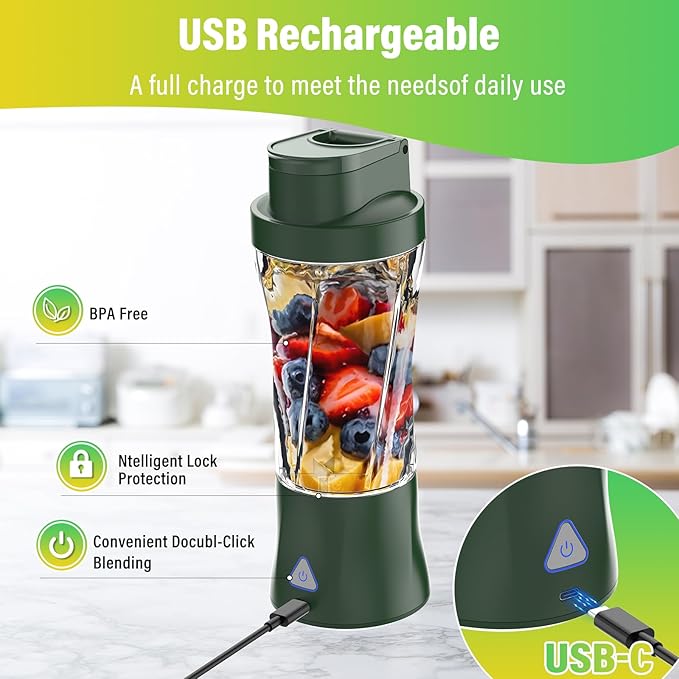 Portable Blender, 360W Personal Blender for Shakes and Smoothies for Kitchen, 24 Oz BPA Free Traveling Juicer Cup and Lid with 6 Blades, Self Cleaning Portable Juicer for Kitchen/Travel/Gym, Green