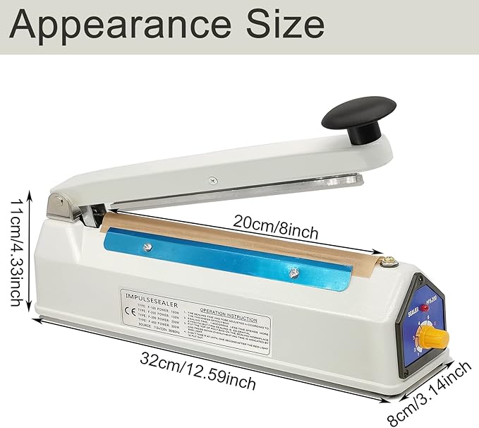 Impulse Sealer 8 Inch 5mm Sealing Heat Sealer for Plastic Bags, Iron Metal Shell, Mylar Bag Sealer, Manual Poly Plastic Bag Hot Seal Machine, 4 Repair Kit(2 Cutting Lines Included)