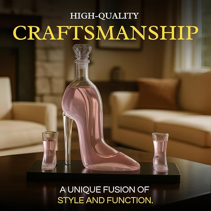 Heel Stiletto High Heels Whiskey and Wine Decanter With Heel Glasses & Wood Base - Elegant with Stopper for Liquor, Bourbon, Tequila - Unique High Heel Design, Present Gift for Women, Stylish Barware
