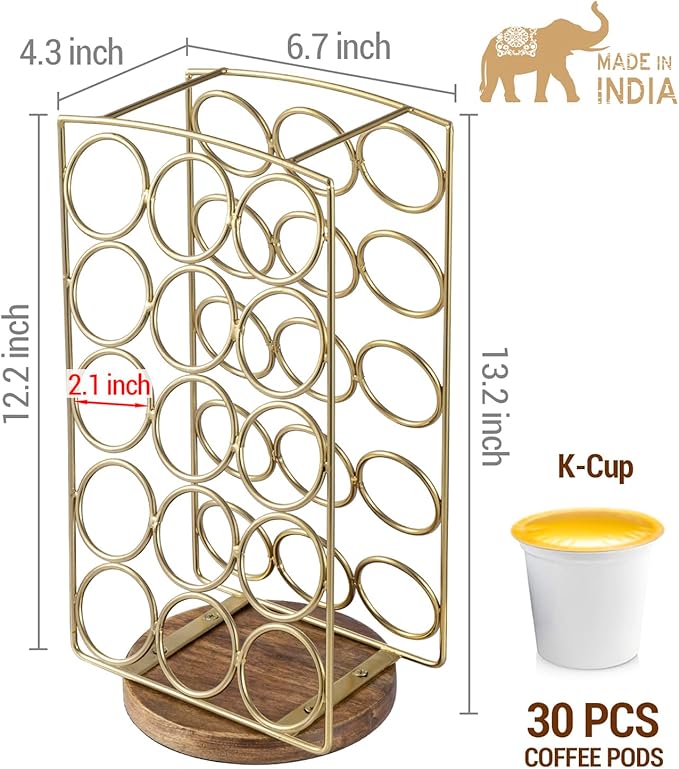 MyGift Modern Brass Tone Plated Metal and Brown Mango Wood Coffee Pod Holder Stand - Tabletop Café Bar Coffee Capsule Storage Rack - Handcrafted in India