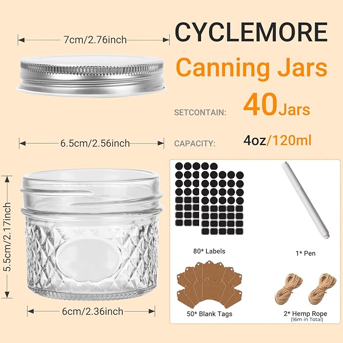 CycleMore 40 Pack 4oz Clear Mason Jars With One Piece Silver Lids, Mini Glass Canisters, Spice Bottles, Canning Jars for Honey, Jam, Jelly