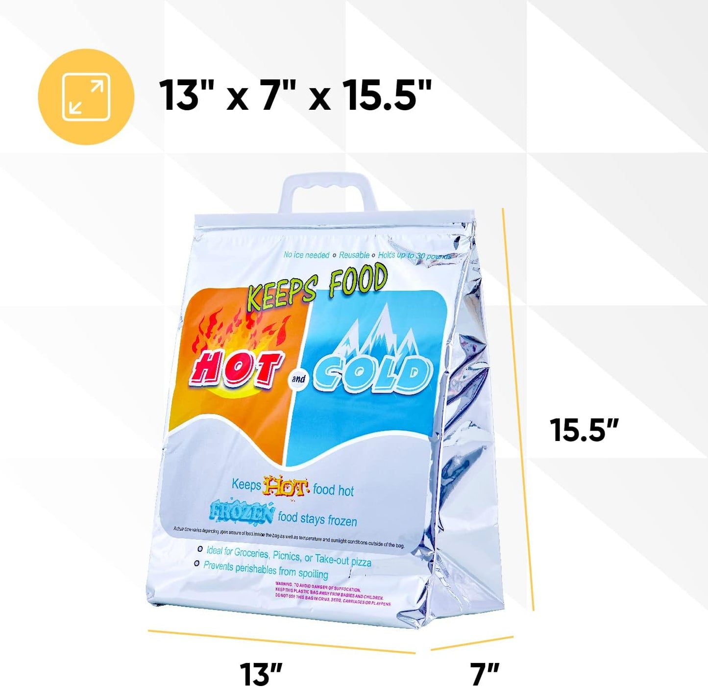 Superio Hot and Cold Insulated Bags for Food Delivery, Grocery Shopping Bags, Food Storage for Hot and Frozen Food for Travel, Disposable Cooler Bag, Reinforced Thermal Lunch Bag (8, 13"x7"x15.5")