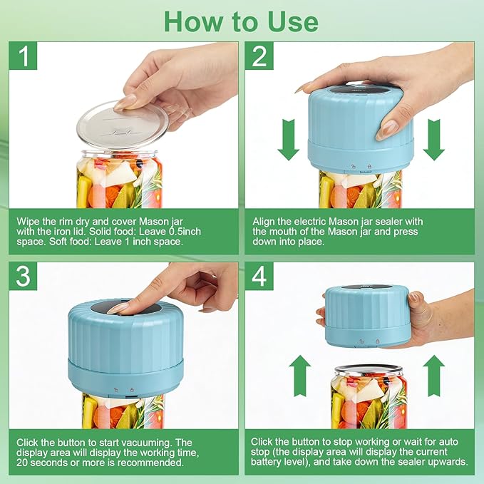 VP06+ Mason Jar Vacuum Sealer, Electric Vacuum Sealer for Jars with Wide and Regular Mouth Mason Lids, Cordless Handheld Jar Vaccum Sealer for Food Storage, Ideal Present for Mom, Wife, BLUE