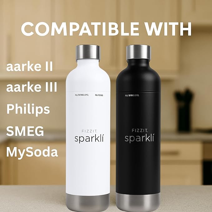 FIZZIT Black Stainless Steel Carbonation Bottle | Compatible with Some Soda Makers | Reusable Sparkling Water Bottle, Dishwasher Safe, BPA-Free (SSB-B)