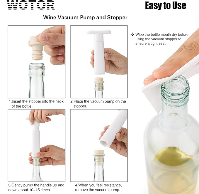 WOTOR Wine Saver Vacuum Pump with 4 Stoppers, Wine Stopper & Preserver, Reusable Bottle Sealer Keeps Fresh, Ideal Accessories Gift, Flat Handle (White) (Pack of 2)