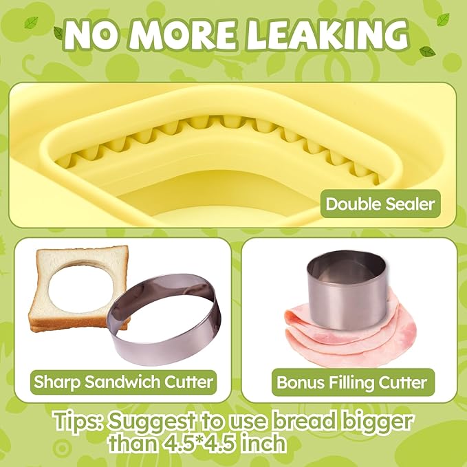 LEPCY Uncrustables Sandwich Maker Sealer Cutter, Crustless Sandwich Cutter, PB&J Uncrustable Maker - Color Yellow, Square Shape