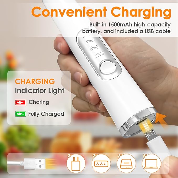 Milk Frother Handheld, Rechargeable Coffee Frother Wand with 2 Stainless Whisks 3 Speeds, Drink Mixer, Electric Foam Maker, Hand Mixer for Lattes, Cappuccino, Matcha, Egg, White