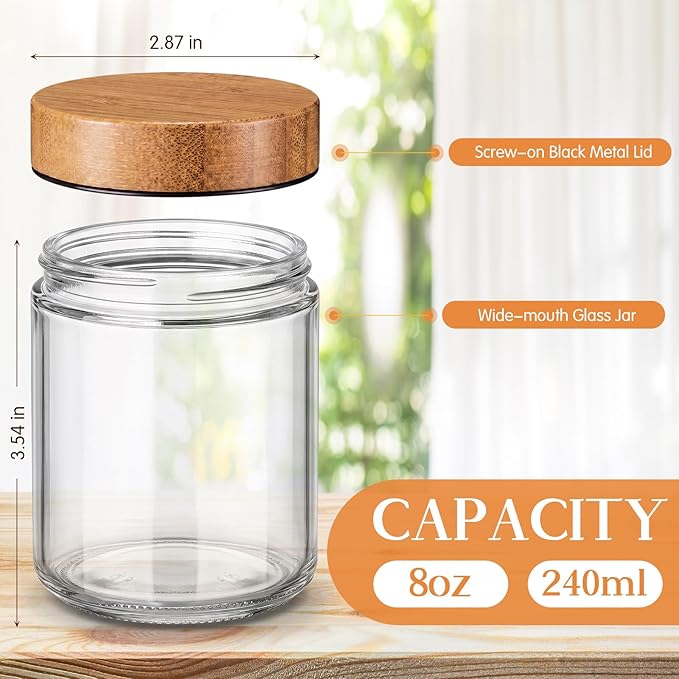 Norme 24 Pcs 8oz Glass Jars with Lids Empty Small Glass Containers and Inner Liners Reusable Cosmetic Jars Round Airtight Bottles with Plastic Wood Grain Lids for Travel
