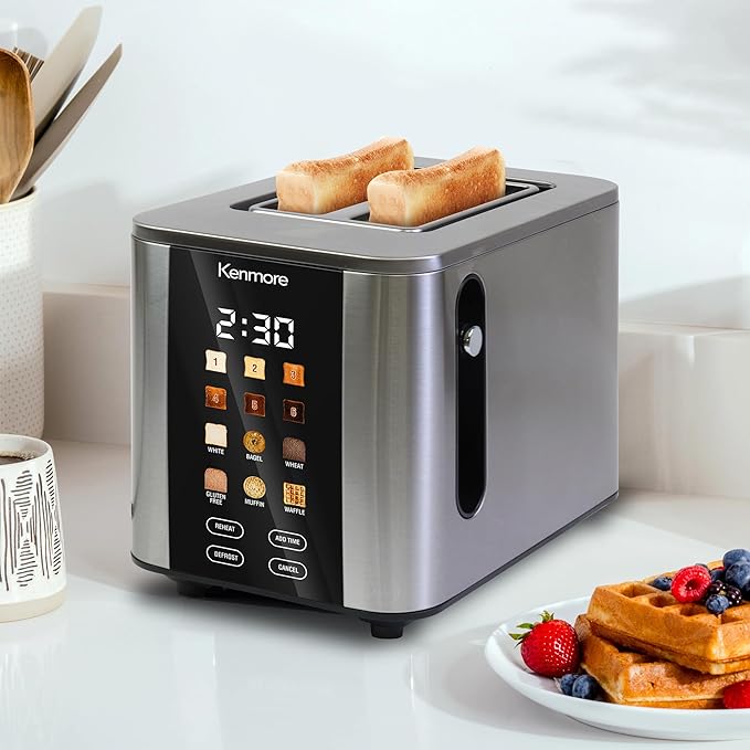 Kenmore 2-Slice Digital Touchscreen Toaster - 900W Stainless Steel, Wide Slots 6 Shade Settings, Bread Presets, Countdown Timer, Reheat & Defrost Functions Compact Countertop Design tostadora digital