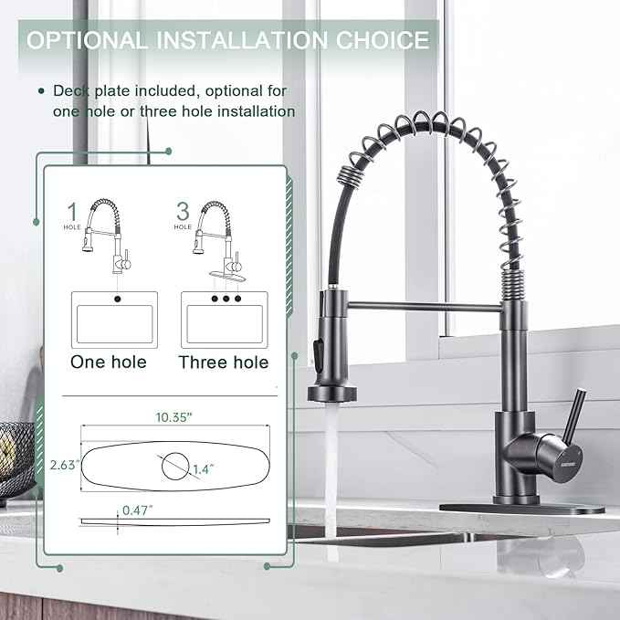 WEWE Black Stainless Kitchen Faucet, Faucet for Kitchen Sink with Pull Down Sprayer Gray Matte Gun Black Kitchen Faucet with Deck Plate Stainless Steel Farmhouse Commercial Single Handle Sink Faucet