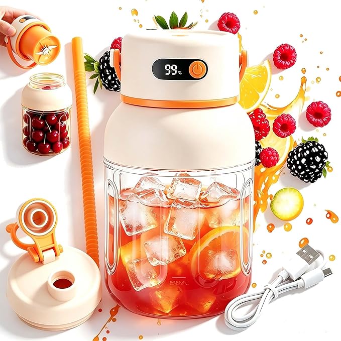 Portable Electric Juicer Cup with Zero Cord Hassle, 800-1200ML Personal Rechargeable Blender Portable for Shakes and Smoothies, with 36 Stainless Steel Blades, Straw and Two Lids (1000ML/35.27OZ)