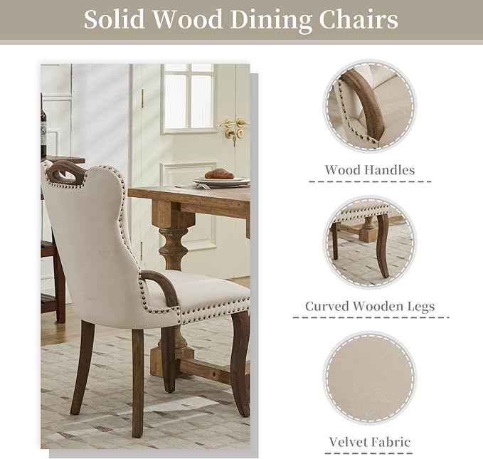 Beige Velvet Dining Chairs Set of 4，Modern Upholstered Dining Room Chairs with Tufted Back and Wood Accents, Curved Solid Wood Legs & Nailhead Trim, Sillas De Comedor Modernas 4
