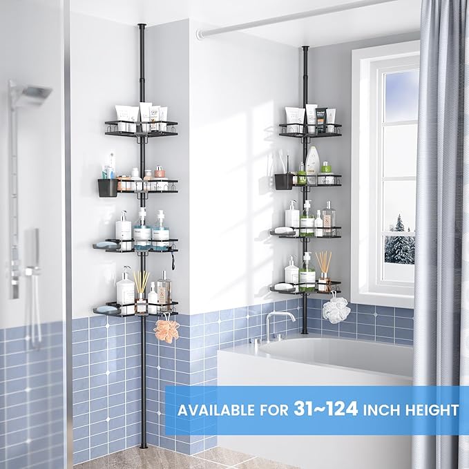Aitatty Corner Shower Caddy Tension Pole: 4 Tier adjustable Rustproof Bathroom Organizer Shelves - Bathtub shampoo rack 31-124 inch