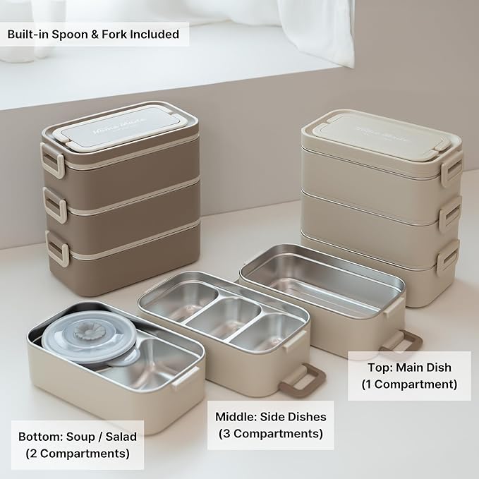 Bento Box Adult Lunch Box, Stackable 3-Layer 304 Stainless Steel for Adults, Office, 3L Capacity, Portable, Soup Bowl, Spoon & Fork, Metal Lunch Box, Tiffin