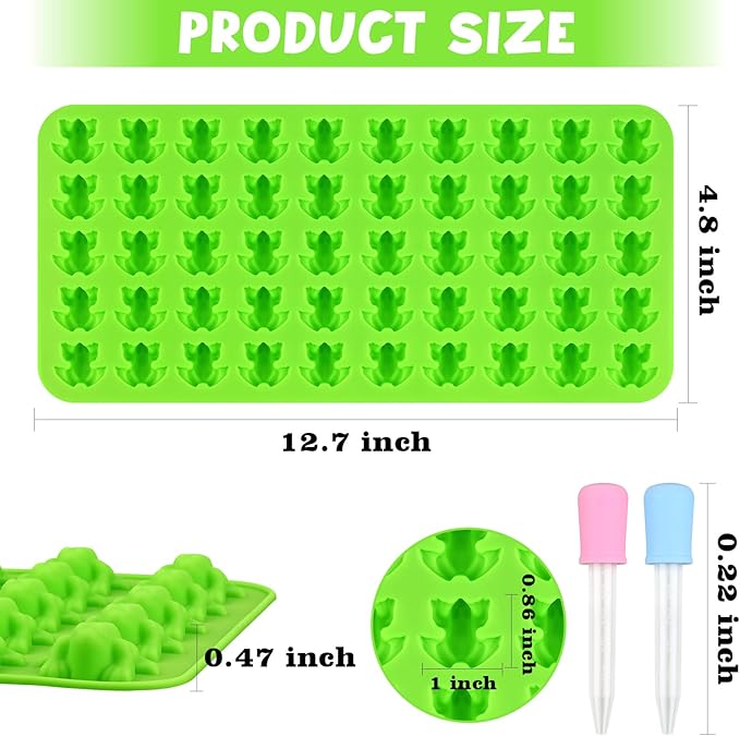Sakolla Mini Frog Candy Molds, 100 Cavities Silicone Molds for Chocolate, Gummy, and Mints, Set of 2 with 2 Droppers (Green)
