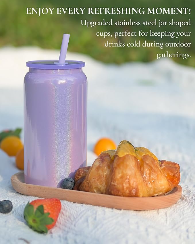 Glass Cups with Lids and Straws, 16oz Stainless Steels Cups, Beer Cups, Iced Coffee Cup, Smoothie Cup, Sublimation Tumbler, Purple (Shiny Polished Finish, Sublimatable)