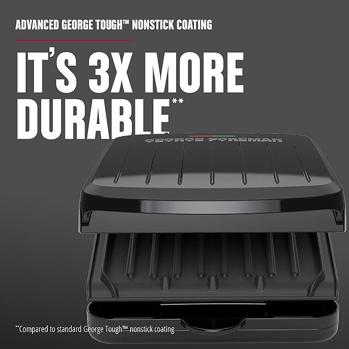 George Foreman Compact 2-Serving Electric Indoor Grill and Panini Press for 1–2 People, Classic Plates, Black