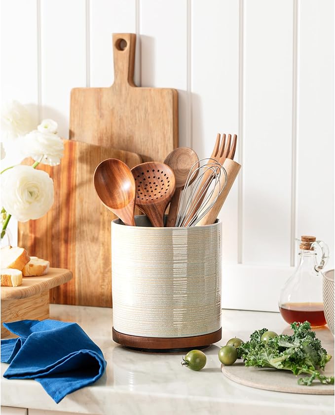 Utensil Holder, 360° Rotating Extra Large Ceramic Kitchen Utensil Holder for Countertop, 7.3" Cooking Utensil Crocks with Rotatable Wooden Base, Farmhouse Decor, Dusty Green