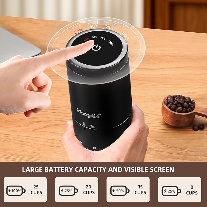 Mongdio Portable Electric Burr Coffee Grinder with 38 Adjustable Settings, Conical Burr Coffee Grinder with LED Display, USB Charging, Ceramic Core, for Home, Space Black