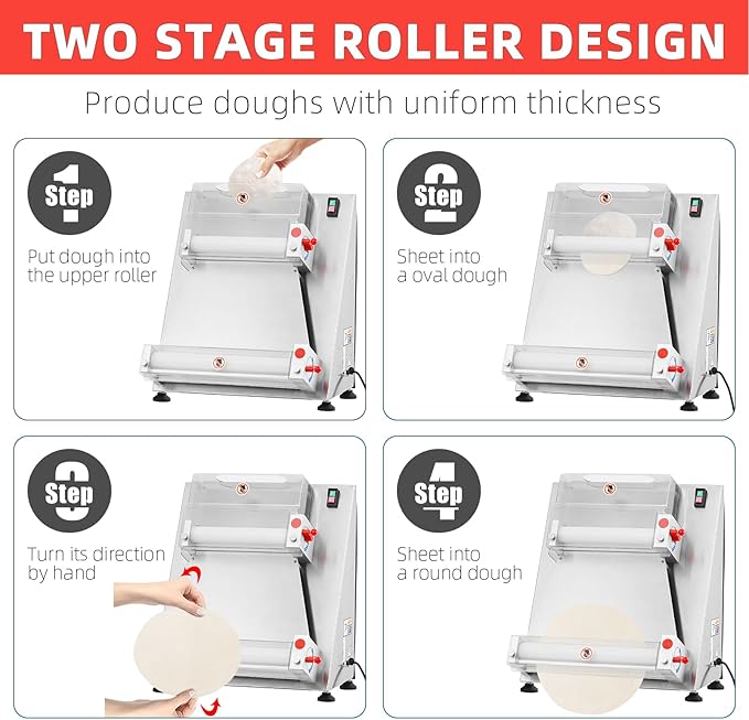 Commercial Pizza Dough Roller Sheeter, Max 16", Towallmark Automatic 370W Electric Pizza Dough Roller, Stainless Steel, Suitable for Noodle, Pizza Bread and Pasta Maker Equipment