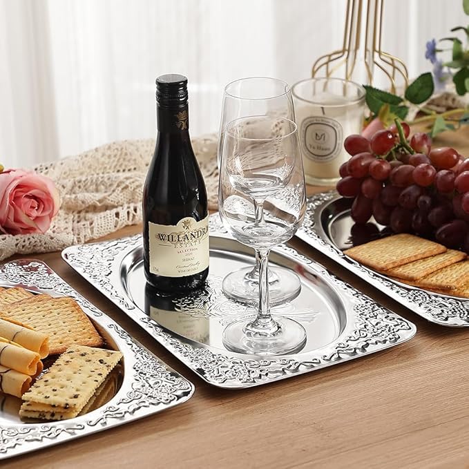 Elegant Dining Hosting Bundle: 4-Pack Vintage Floral Silver Serving Trays (11.4" x 7") & 20-Piece Hammered Silverware Set for 4, Premium Stainless Steel Party Platters and Lava Texture Cutlery Set