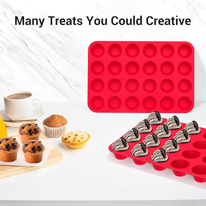 Redfly 2 Pack Silicone MIini Muffin Pan & Cupcake Pans for Baking - 24 Cup Mini Size BPA Free Egg Bites Molds