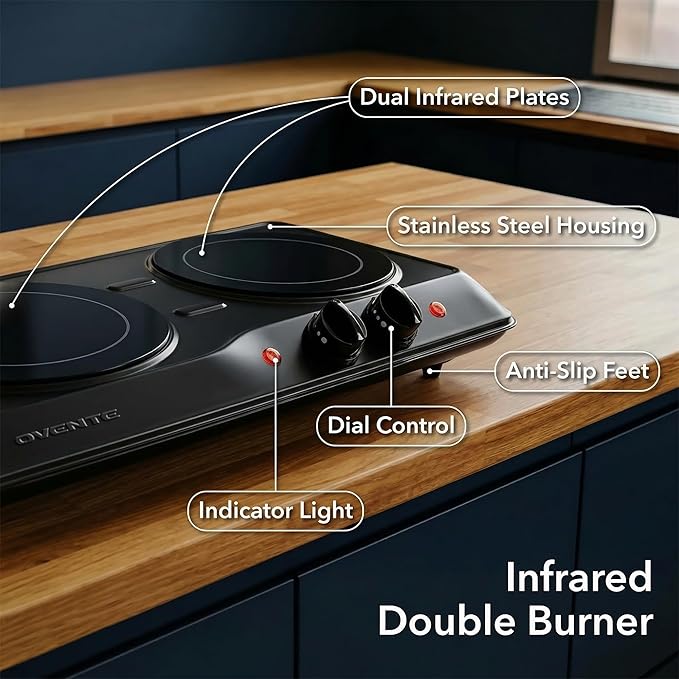 OVENTE Countertop Infrared Double Burner, 1700W Electric Hot Plate and Portable Stove with 7.75" and 6.75" Ceramic Glass Cooktop, 5 Level Temperature Setting and Easy to Clean Base, Black BGI102B