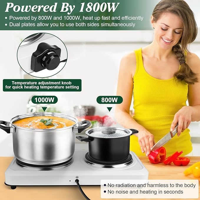 Electric Countertop Double Burner, 1800W Cooktop with Glass Hot Plate, Stepless Temperature Control, Easy to Clean, Indicator Lights, Compatible Cooking Stove for Office Home Camping RV