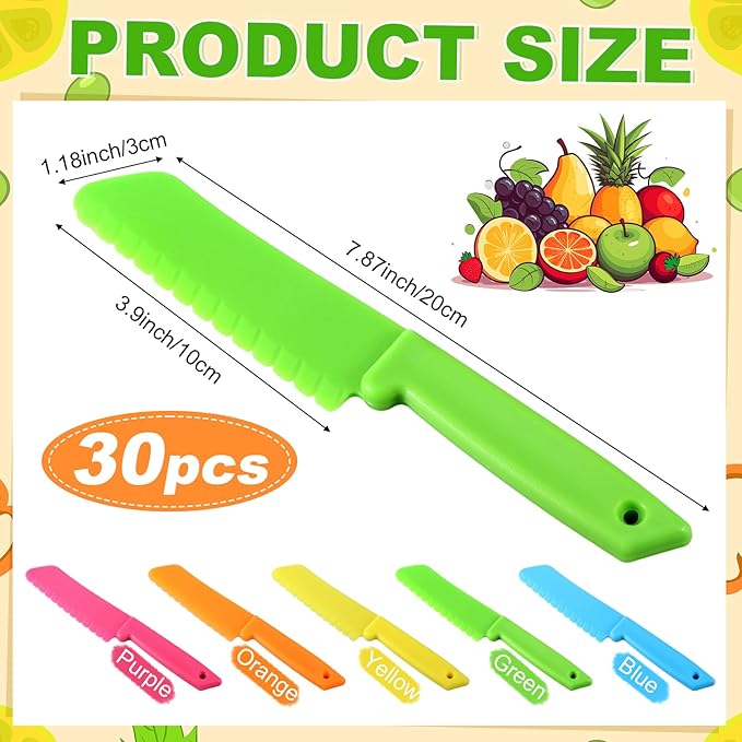 30 Pieces Kid Knife Plastic Kids Safe Knives Bulk for Real Cooking, Nylon Children Toddler Cooking Kitchen Set for Bread, Lettuce and Salad for Birthday Party Favors Supplies