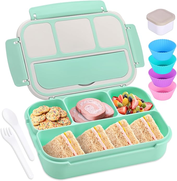 shell and turtle Bento Box Adult Lunch Box, Lunch Containers for Kids Girls Boys with 4 Compartments, Lunchable Food Container with Utensils, Sauce Jar, Muffin Liners, 40 Oz/5 Cup, Seafoam Green