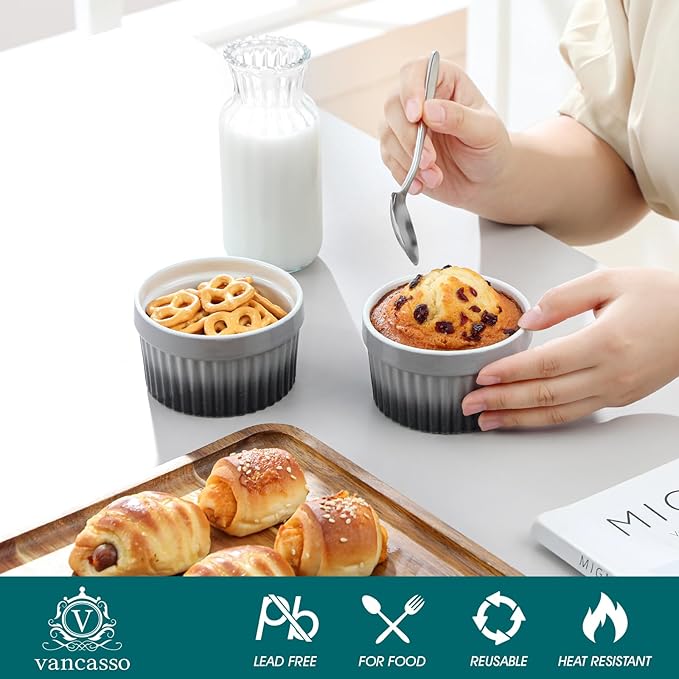 vancasso 6 oz Ramekins with Lid, Porcelain Creme Brulee Souffle Dishes,Set of 6, Grey Pudding Custard Cups Ramiken for Baking, Dishwasher and Oven Safe