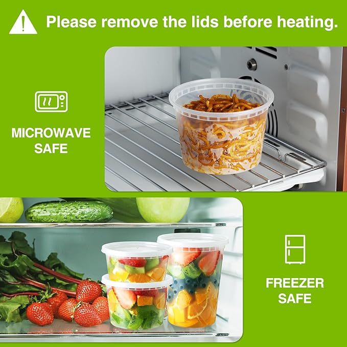 NEEBAKE 50 Set Deli Containers With Lids: [16oz 32oz] Combo Plastic Food Storage, Microwaveable & Freezer Safe To-Go, Leak-proof Meal-Prep