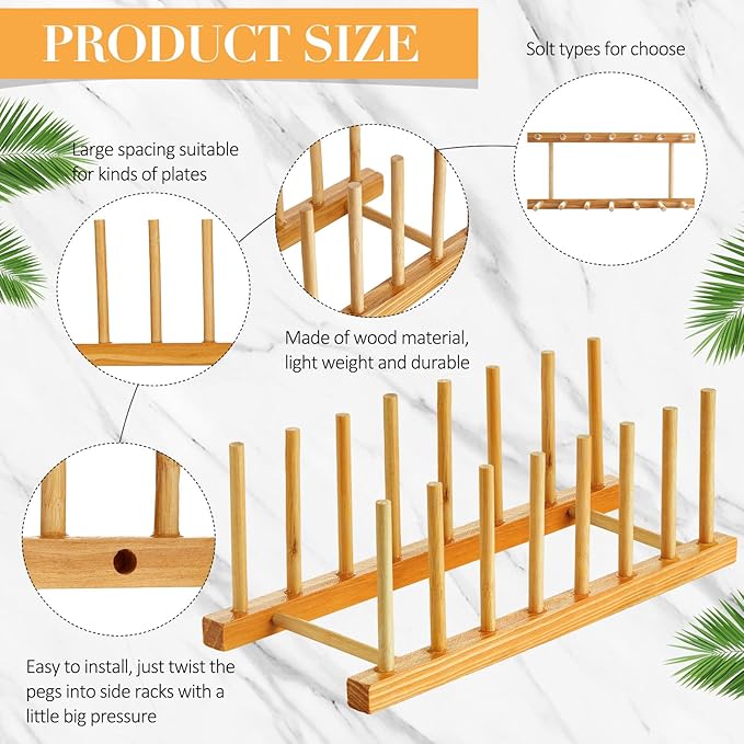 Zopeal 18 Pcs Bamboo Wooden Plate Racks Dish Rack Stand Holder 3/6/ 7 Slots Drainboard Drying Drainer Kitchen Cabinet Organizer for Dish Plate Bowl Cup Pot Lid Book