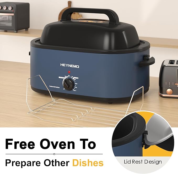 26QT Electric Roaster Oven, Electric Turkey Roaster with Viewing & Self-basting Lid, Stainless Steel Turkey Roaster Oven, Blue