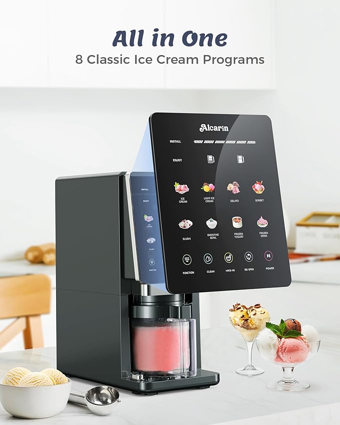Alcarin Electric Ice Cream Maker Machine for Homemade, Frozen Treat, Gelato, Yorgurt, Sorbet, Mix-in & More, 10 One-Touch Programs with 3 Pints, Keto, Vegan, Dairy-Free Options(Not Freezer)