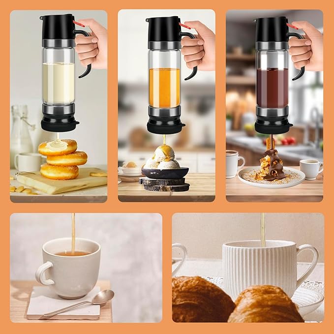 Honey Dispenser No Drip, 12 OZ Syrup Dispenser, Glass Honey Jar with Stand for Coffee, Tea, Pancake, Black