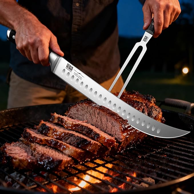 SHAN ZU 3Pcs BBQ Carving Knife Set with Sheath – for Turkey, Meat, BBQ, Brisket, Razor Sharp Slicing Knife, Professional 5Cr15MoV Stainless Steel, Ergonomic Full Tang Wood Handle, Gift Box Included