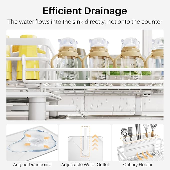 SNTD Dish Drying Rack - Extendable Dish Rack, Large Sink Drying Dish Drainer for Kitchen Counter, Stainless Steel Dish Strainer with Utensil Holder (White)