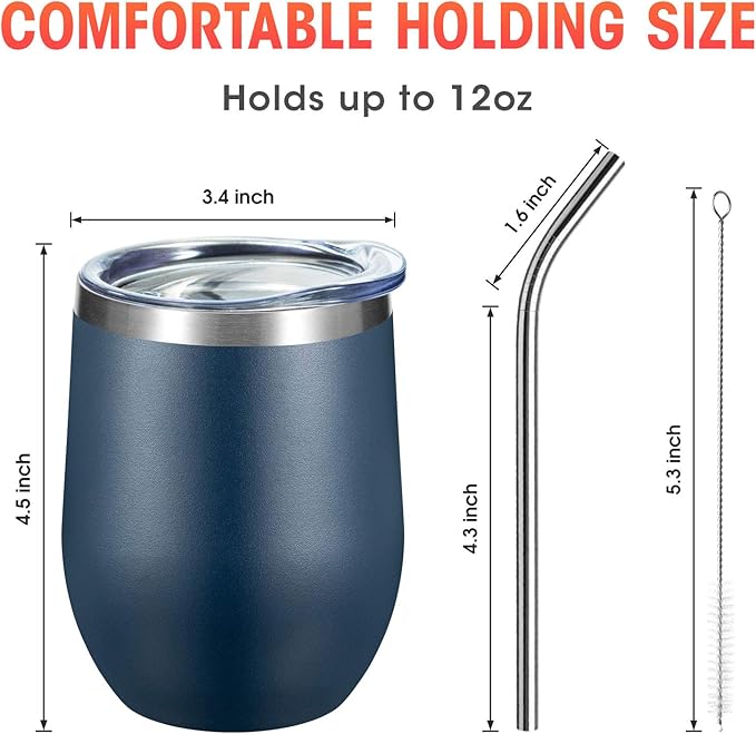 COMOOO 12oz Stainless Steel Wine Tumbler with Lid and Straw Double Wall Vacuum Insulated Wine Tumbler Cup Stemless for Hot and Cold Drinks, Coffee, Wine, Cocktails Navy, 8 Pack