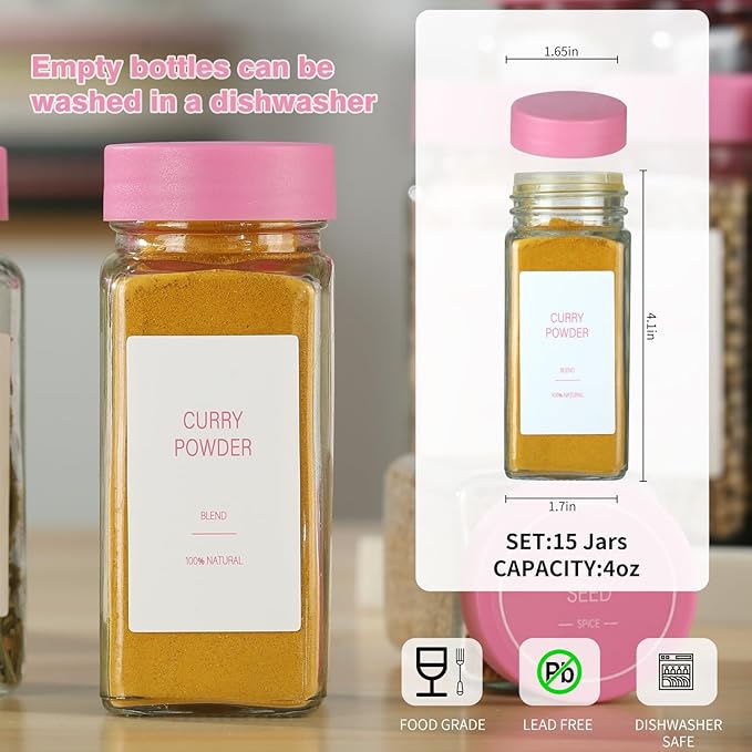 Pink Spice Jars with Label，4oz Seasoning Containers, Glass Spice Bottles with Shaker Lids,Funnel, Chalk Pen(Pink, 36)