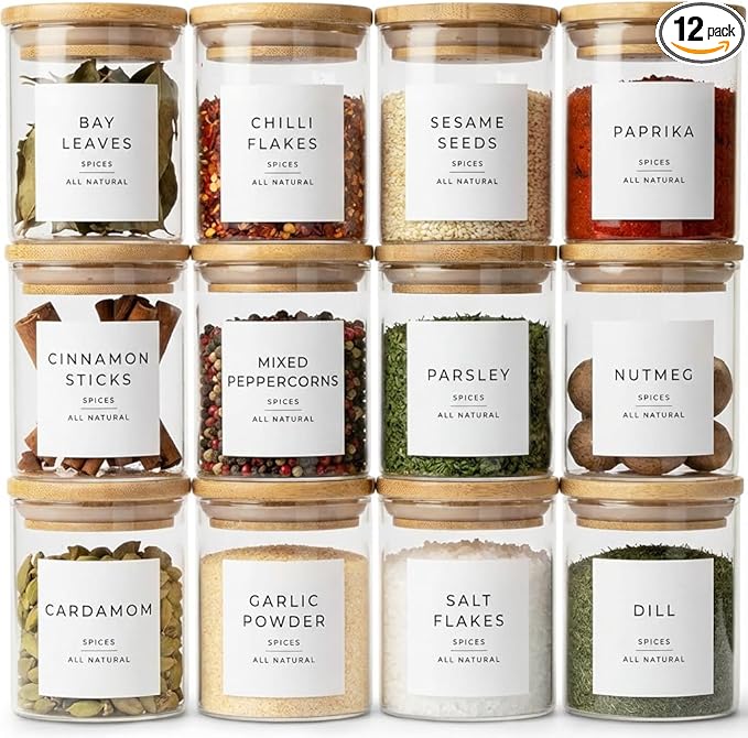Glass Spice Jars with Labels-12 Pack- 6.8oz- 360 Labels- Spice Containers with Bamboo Lids -Spices Organization for Cabinet-Drawer-Rack-Seasoning containers-herbs- Organizer-Spices Bottles