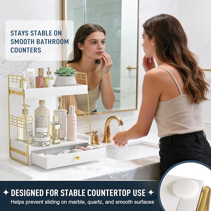 Bathroom Counter Organizer with Drawer, Slim 2-Tier Vanity Countertop Storage Shelf for Skincare, Toiletries & Small Essentials (White)