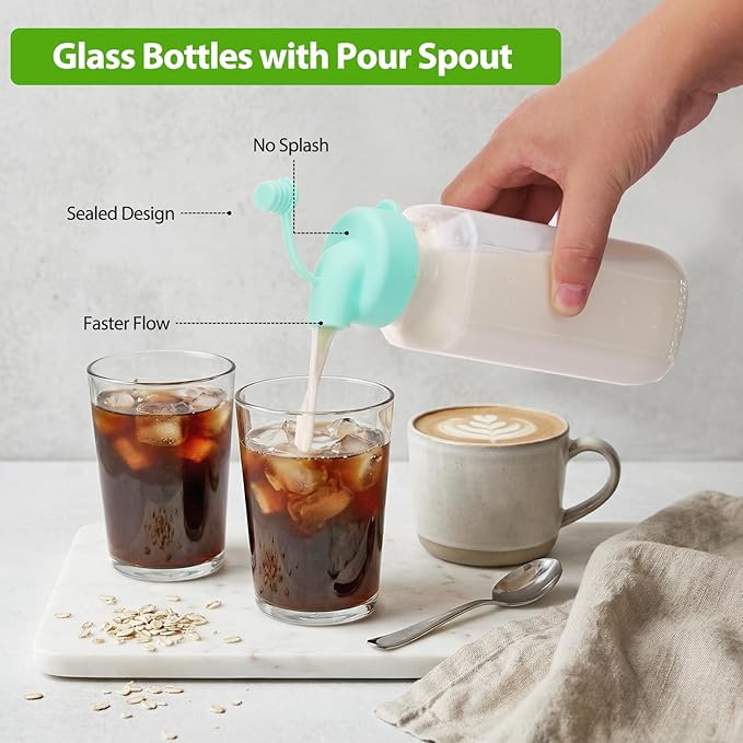 CUCUMI 6 Pack 16 Oz Glass Milk Bottles with Lids, Glass Juice Bottles with Scale & Silicone Pour Spout, Reusable Juice Containers Square Drinking Jars for Milk, Coffee, Smoothies, Water