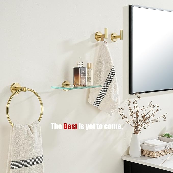 JQK Bathroom Glass Shelf Gold, Tempered Glass Shower Storage 8 by 5 inches, 304 Stainless Steel Brushed Gold Wall Mount 2 Pack, TGS101L8-BG-P2