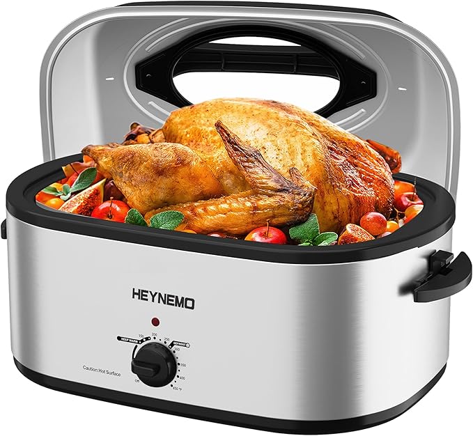 24 Quart Electric Roaster Oven with Visible & Self-Basting Lid, Large Turkey Roaster with Defrost Warm Function, Adjustable Temperature, Removable Pan Rack, Stainless Steel