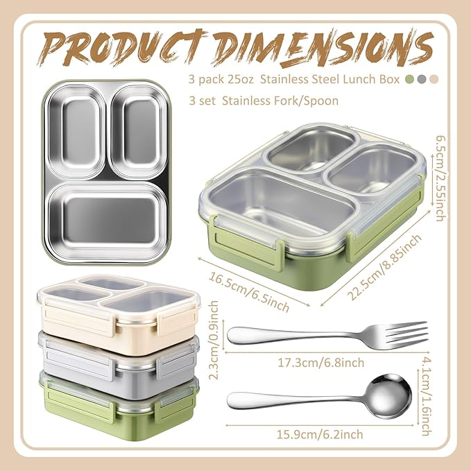 3 Pack Stainless Steel Lunch Box for Kids 25oz 3 Compartment Leak-proof Metal Bento Box with Lid Fork Spoon Meal Prep Snack Container for Adults Office Outdoor Gym, Dishwasher Safe