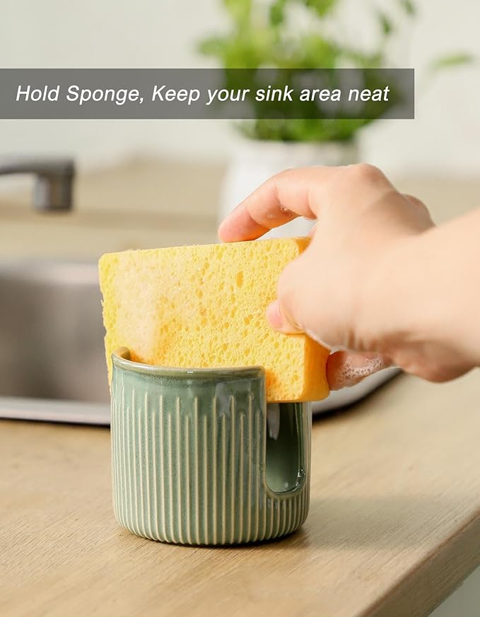 Ceramic Sponge Holder for Kitchen Sink, Scrub Sponge Dish Rack, Farmhouse Compact Sink Caddy Organizer, Glazed Green