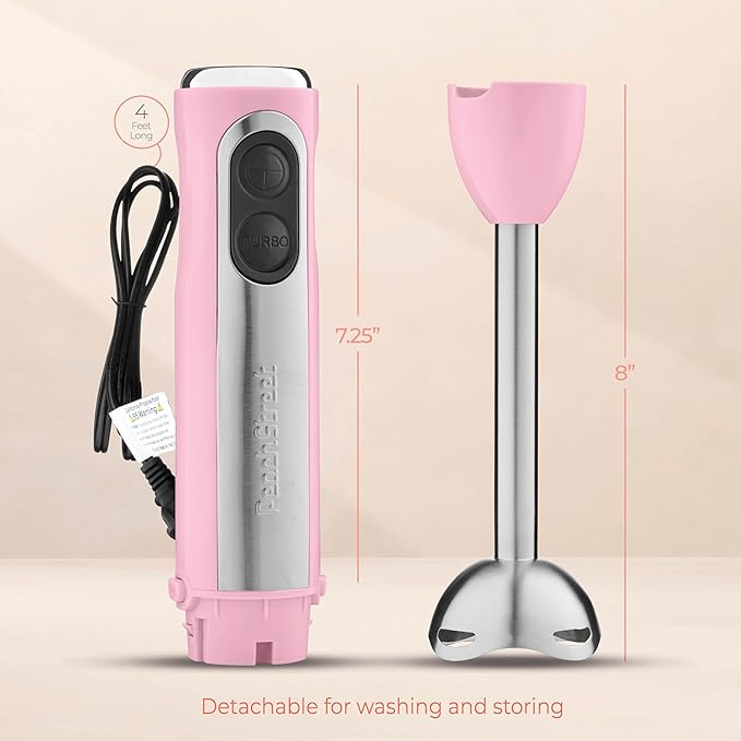 Powerful Immersion Blender, Electric Hand Blender 500 Watt with Turbo Mode, Detachable Base. Handheld Kitchen Blender Stick for Soup, Smoothie, Puree, Baby Food, 304 Stainless Steel Blades (Pink)